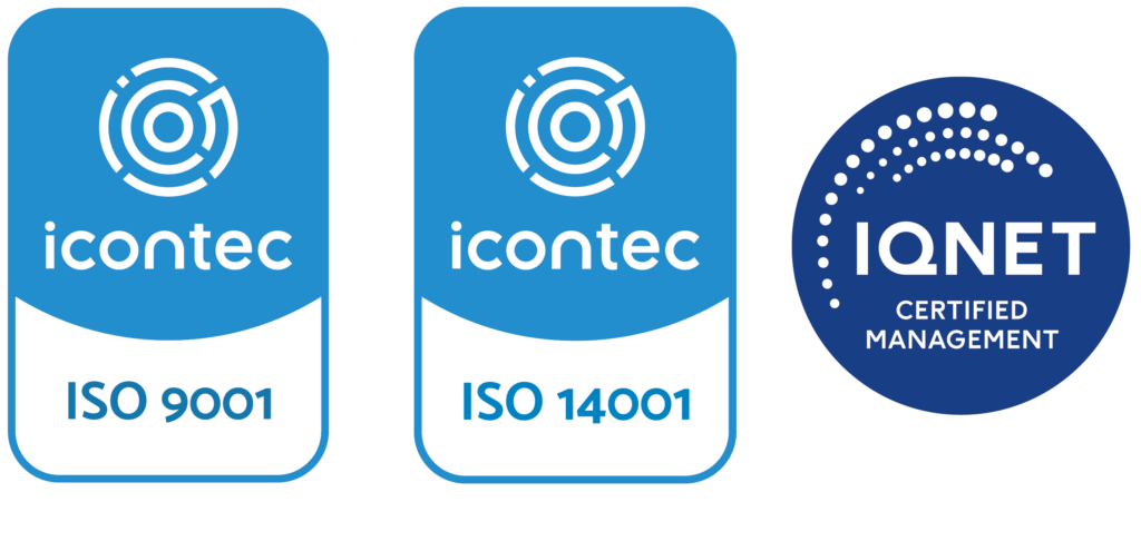 Logos de certificaciones Icontec ISO 9001, ISO 14001 e IQNET Certified Management