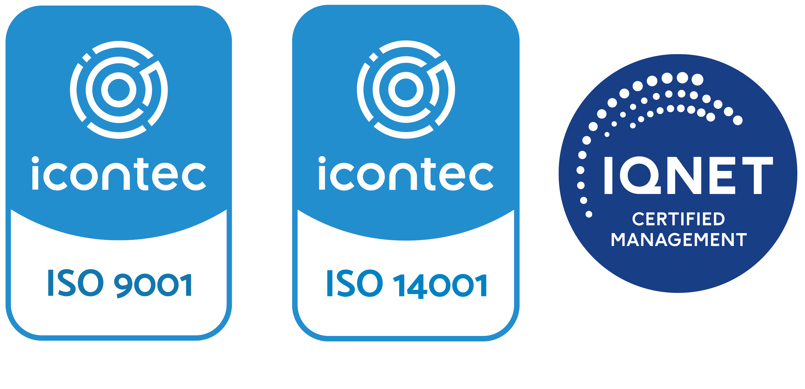 Logos de certificaciones Icontec ISO 9001, ISO 14001 e IQNET Certified Management